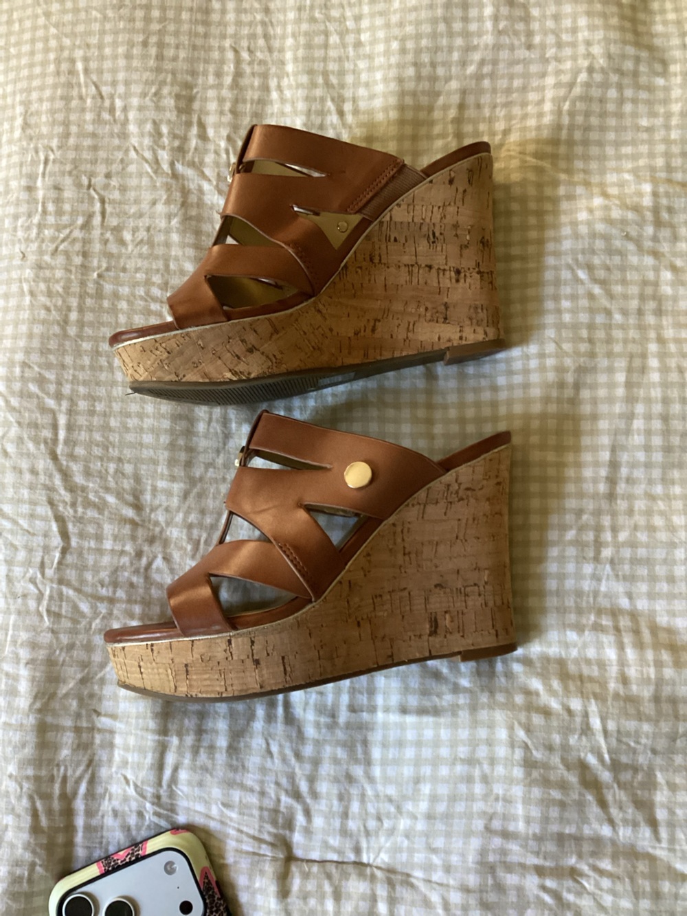 Guess Tan Leather Cork Wedge Sandals with Gold Accent